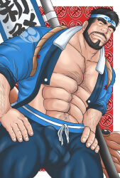 Rule 34 | 1boy, abs, absurdres, alternate costume, banner, bara, beard, black hair, closed eyes, facial hair, feet out of frame, flag, gyee, hairy, hand on own hip, headband, highres, japanese clothes, kanji, kimono, large pectorals, looking down, male focus, manly, mature male, muscular, muscular male, nobori, official alternate costume, open clothes, open kimono, pants, pectorals, short hair, sig (gyee), smile, solo, squid, taku-ang, yukata
