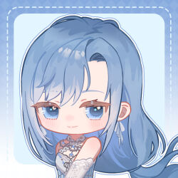 1girl argyle_border bare_shoulders blue_background blue_border blue_eyes blue_hair blue_theme border bow bow_earrings chibi chinese_commentary closed_mouth commentary_request daughter_of_the_lake_(infinity_nikki) detached_sleeves dotted_line dress earrings eyelashes gradient_background grey_bow grey_dress hair_between_eyes happy infinity_nikki jewelry light_blush long_hair low-tied_long_hair low_ponytail necklace nikki_(series) outside_border ponytail shendu_youyu smile solo strapless strapless_dress striped_clothes upper_body vertical-striped_clothes vertical-striped_sleeves very_long_hair white_sleeves