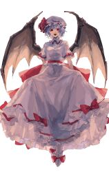Rule 34 | 1girl, arms behind back, bat wings, bow, dress, frilled dress, frills, full body, hat, highres, isshin (kaxz), mob cap, red bow, red eyes, red ribbon, remilia scarlet, ribbon, simple background, socks, touhou, triangle mouth, white background, white dress, white socks, wings