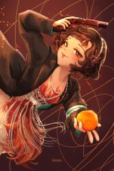 Rule 34 | 1girl, amimm, arm up, artist name, black coat, black hair, coat, cowboy shot, curly hair, dress, feather dress, feather hair ornament, feathers, food, fruit, gun, hair ornament, hairband, hand up, handgun, highres, holding, holding food, holding fruit, holding gun, holding weapon, jewelry, lips, long sleeves, looking at viewer, necklace, open clothes, open coat, orange (fruit), outstretched arm, parted lips, red background, red dress, red eyes, reverse:1999, schneider (reverse:1999), short dress, short hair, smile, solo, weapon