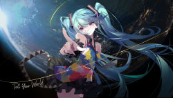 Rule 34 | 1girl, absurdres, aqua hair, arm behind back, bare shoulders, belt, black background, black necktie, black skirt, commentary, contrapposto, cowboy shot, earth (planet), foreshortening, hatsune miku, highres, index finger raised, long hair, miniskirt, multicolored shirt, necktie, planet, pleated skirt, pointing, pointing at viewer, purple eyes, scrunchie, shirt, skirt, sleeveless, sleeveless shirt, smile, solo, song name, soungruan mian mao, space, string, tell your world (vocaloid), twintails, very long hair, vocaloid, wrist scrunchie