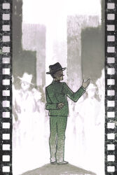 Rule 34 | 1boy, arm behind back, black hat, facial hair, fedora, fiennes (reverse:1999), film border, film strip, formal, from behind, green jacket, green pants, green suit, hand up, hat, highres, jacket, looking back, male focus, mustache, no eyes, official art, pants, people, reverse:1999, solo, suit, turning head