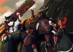 Rule 34 | 1boy, 2girls, adeptus astartes, animal ears, armor, bigcat 114514, black armor, black eyes, black hair, blood, blood angels, braid, bucket, cat ears, chainsaw, chainsword, colored blood, commentary, crossover, cut fingers, death company, dusk, english commentary, entrails, green blood, green ribbon, guro, hair ribbon, highres, injury, kaenbyou rin, multiple girls, on rock, organs, outdoors, parchment, power armor, purity seal, reclining, red eyes, red hair, reiuji utsuho, ribbon, rock, shirt, sword, theft, third eye, touhou, twin braids, twitter username, unconscious, warhammer 40k, weapon, white shirt