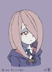 Rule 34 | 1girl, artist request, female focus, hair over one eye, little witch academia, pink hair, purple background, red eyes, solo, sucy manbavaran, upper body