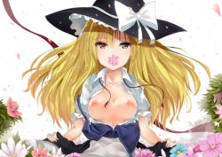 Rule 34 | 1girl, apron, black hat, black skirt, blonde hair, blue flower, bow, breasts, breasts out, brown eyes, collarbone, collared shirt, commentary request, flower, hair between eyes, hat, hat bow, kirisame marisa, long hair, medium breasts, mikagemaru (mikage000), mouth hold, nipples, no bra, petals, pink flower, puffy short sleeves, puffy sleeves, shirt, short sleeves, simple background, skirt, skirt hold, solo, tassel, touhou, upper body, waist apron, white background, white bow, white flower, wing collar, wings, witch hat