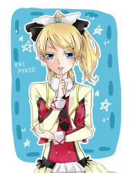 Rule 34 | 1girl, ayase eli, black bow, black necktie, blonde hair, blue eyes, bow, collared shirt, commentary request, dress shirt, earrings, finger to mouth, frilled shirt collar, frills, hair bow, highres, index finger raised, jacket, jewelry, kashikaze, long sleeves, looking at viewer, love live!, love live! school idol project, medium hair, multicolored clothes, multicolored jacket, necktie, outline, parted lips, pleated skirt, ponytail, red jacket, shirt, skirt, solo, sore wa bokutachi no kiseki, two-tone jacket, white outline, white shirt, yellow jacket, yellow skirt