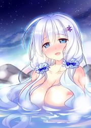 Rule 34 | 1girl, ahoge, azur lane, blue eyes, blush, breasts, cleavage, collarbone, hair ornament, hairclip, illustrious (azur lane), komo da, large breasts, long hair, looking at viewer, night, night sky, onsen, open mouth, partially submerged, scrunchie, sidelocks, silver hair, sky, smile, solo, star (sky), starry sky, steam, topless, water, wet