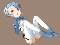 Rule 34 | 10s, 1girl, :o, ass, bad id, bad pixiv id, belt, belt skirt, blue footwear, blue hair, blunt bangs, blush, bodysuit, boots, braid, breasts, clenched hand, cropped jacket, dutch angle, fin e ld si laffinty, flower, french braid, full body, grey background, hair flower, hair ornament, high heel boots, high heels, highleg, highleg leotard, knees up, leotard, long sleeves, looking at viewer, muttan (ashiru-f), open mouth, paw pose, pilot suit, purple eyes, rinne no lagrange, short hair, sidelocks, simple background, sitting, sleeves past wrists, small breasts, thighhighs, turtleneck, white thighhighs