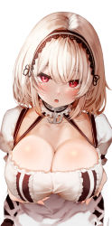 Rule 34 | 1girl, :o, anchor choker, anchor symbol, azur lane, blush, breast hold, breasts, choker, cleavage, collarbone, frilled hairband, frilled shirt, frills, hair between eyes, hairband, large breasts, looking at viewer, neck garter, open mouth, raru (nanaharararu), red eyes, shirt, short hair, simple background, sirius (azur lane), solo, upper body, white background, white shirt
