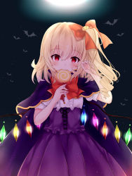 Rule 34 | 1girl, alternate costume, bat (animal), blonde hair, blush, bow, bowtie, candy, cape, center frills, corset, crystal, eating, fang, fingernails, flandre scarlet, food, frills, full moon, hair between eyes, hair bow, halloween, halloween costume, hands up, head tilt, highres, holding, holding candy, holding food, holding lollipop, lollipop, long fingernails, looking at viewer, moon, night, night sky, one side up, outdoors, pointy ears, purple cape, purple skirt, red bow, red bowtie, red eyes, shirt, short sleeves, skirt, sky, solo, tosakaoil, touhou, upper body, white shirt, wings