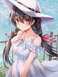 Rule 34 | 1girl, absurdres, bare shoulders, blush, braid, breasts, character request, closed mouth, collarbone, dress, frilled dress, frilled straps, frills, grimoire ~shiritsu grimoire mahou gakuen~, hair between eyes, hand on own chest, hat, highres, long hair, looking at viewer, medium breasts, off-shoulder dress, off shoulder, smile, solo, sun hat, sundress, twin braids, twintails, white dress, white hat, yukikawa sara
