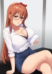 Rule 34 | 1girl, arm support, black bra, blush, bow, bra, breast lift, breasts, brown-framed eyewear, brown eyes, brown hair, cleavage, closed mouth, commission, crossed legs, glasses, hair bow, hairband, indoors, kauru00, lace, lace-trimmed bra, lace trim, large breasts, long hair, looking at viewer, miniskirt, original, pencil skirt, red bow, red hairband, shirt, shirt tucked in, sitting, skirt, solo, straight hair, thighs, tongue, tongue out, underwear, very long hair, white shirt