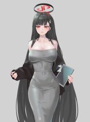 Rule 34 | 1girl, black hair, blue archive, breasts, cleavage, collarbone, covered navel, dress, grey background, grey dress, hair ornament, hairclip, highres, holding, holding tablet pc, large breasts, lion (dielion), long hair, red eyes, rio (blue archive), simple background, sleeveless, sleeveless dress, solo, standing, tablet pc, very long hair