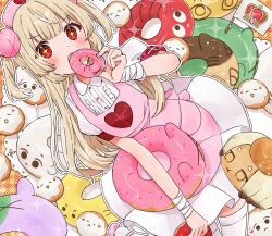 Rule 34 | &gt; &lt;, 1girl, apron, armband, bandaged wrist, bandages, blonde hair, blush, center frills, collared dress, commentary request, doughnut, dress, eating, flag, food, frills, hachimiya mumu, hair ornament, hat, heart, heart print, highres, holding, holding food, long hair, looking at viewer, natori sana, nurse cap, open mouth, outline, pink apron, pink hat, puffy short sleeves, puffy sleeves, rabbit hair ornament, red armband, red eyes, safety pin, sana channel, short sleeves, solo, sparkle, sparkling eyes, thighhighs, two side up, virtual youtuber, white dress, white outline, white thighhighs