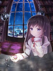 Rule 34 | 1girl, akemi homura, bad id, bad pixiv id, black hair, black hairband, book, bookshelf, bow, bowtie, cityscape, commentary request, elbow rest, elbows on table, expressionless, grief seed, hairband, hand on own face, highres, holding, in palm, light blush, long hair, long sleeves, mahou shoujo madoka magica, mahou shoujo madoka magica (anime), mitakihara school uniform, night, purple eyes, red bow, red bowtie, reflection, reflective table, school uniform, sky, solo, soul gem, star (sky), starry sky, table, ukiukikiwi2525, upper body, window