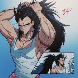 Rule 34 | 1boy, ^ ^, alternate hairstyle, angrywolf z, bara, black hair, blush, closed eyes, cowboy shot, day, dragon ball, dragonball z, hair tie in mouth, highres, hot, large pectorals, long hair, male focus, midriff, mouth hold, multiple views, muscular, muscular male, pants, pectoral cleavage, pectorals, pink pants, raditz, sanpaku, sidepec, spiked hair, sun, sweat, tank top, thick eyebrows, tying hair, very long hair, very sweaty, white tank top