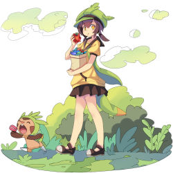 Rule 34 | 1girl, bad id, bad pixiv id, berry (pokemon), black skirt, box, brown footwear, brown hair, brown skirt, carrying bag, chespin, closed eyes, creature, creatures (company), eating, faux figurine, food, fruit, full body, game freak, gen 6 pokemon, green hat, hat, holding, icywood, looking at viewer, miniskirt, nintendo, personification, pleated skirt, poffin, pokemon, pokemon (creature), round teeth, shoes, skirt, standing, tail, teeth, yellow eyes