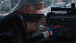 Rule 34 | 2girls, assault rifle, baseball cap, battle rifle, black bodysuit, black shirt, blonde hair, blue eyes, blue gloves, blunt bangs, bodysuit, breasts, building, city, cityscape, close-up, closed mouth, commentary, dindsau, english commentary, fire, fn scar, girls&#039; frontline, gloves, gun, hat, highres, holding, holding gun, holding weapon, indoors, long hair, long sleeves, looking away, lying, medium breasts, multiple girls, on stomach, rifle, rooftop, ruins, scar-h, scar-h (girls&#039; frontline), scar-l (girls&#039; frontline), scope, shirt, sidelocks, skyscraper, solo focus, strap, tactical clothes, trigger discipline, war, watch, weapon, white headwear
