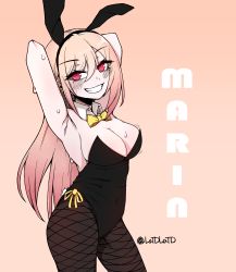 Rule 34 | 1girl, absurdres, animal ears, armpits, blonde hair, blush, bow, bowtie, breasts, cleavage, covered navel, detached collar, fishnets, groin tendon, hair between eyes, highres, kind (latd), kitagawa marin, large breasts, leotard, long hair, looking at viewer, pantyhose, playboy bunny, rabbit ears, red eyes, smile, solo, sono bisque doll wa koi wo suru, sweat, thighs, twitter username, yellow bow, yellow bowtie