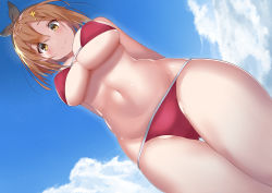 Rule 34 | 1girl, absurdres, arms behind back, atelier (series), atelier ryza, atelier ryza 1, bikini, black hairband, blue sky, breasts, brown eyes, brown hair, closed mouth, cloud, day, from below, hair between eyes, hair ornament, hairband, hairclip, highres, large breasts, legs together, looking at viewer, outdoors, red bikini, reisalin stout, short hair, sky, smile, solo, standing, swimsuit, thigh gap, thighs, vitotraps, wide hips