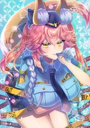 Rule 34 | 1girl, animal ear fluff, animal ears, blue ribbon, breasts, cuffs, fate/extella, fate/extella link, fate/extra, fate (series), female service cap, fox ears, fox girl, fox tail, hair ribbon, handcuffs, hat, large breasts, looking at viewer, merichi (ogaomega), necktie, official alternate costume, pink hair, police, police badge, police hat, police uniform, policewoman, ribbon, solo, tail, tamamo (fate), tamamo no mae (fate/extra), tamamo no mae (police fox) (fate), tamamo no mae (swimsuit lancer) (fate), uniform, yellow eyes