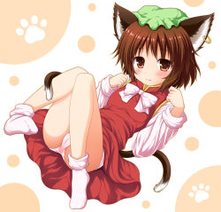 Rule 34 | 1girl, animal ears, blush, bow, brown eyes, brown hair, cameltoe, cat ears, cat tail, chen, dress, earrings, hat, jewelry, knees together feet apart, long sleeves, mob cap, multiple tails, nagana sayui, nekomata, panties, paw print, red dress, shirt, short hair, simple background, single earring, smile, solo, tail, touhou, underwear, upskirt, white panties