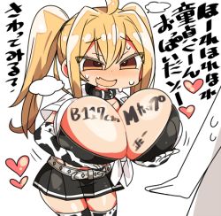 Rule 34 | animal print, blonde hair, body writing, borrowed character, breast hold, breasts, breasts out, cow print, fang, gloves, heart, huge breasts, kanikama, lowres, original, solo focus, sweat, thighhighs, translation request, twintails, yellow eyes