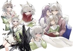 Rule 34 | alternate costume, animal ear fluff, animal ears, arknights, bag, blush, book, cat ears, cat girl, chinese commentary, commentary request, covering own mouth, crying, dress, eating, green eyes, green hair, green jacket, hair ornament, handbag, highres, jacket, kal&#039;tsit (arknights), long hair, medium hair, mon3tr (arknights), off shoulder, open clothes, open jacket, original, pajamas, purple eyes, purple hair, scratches, see-through, sidelocks, sleeping, sleeveless, sleeveless dress, tabayashi, white dress