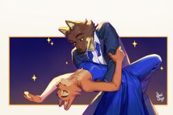 Rule 34 | 1boy, 1girl, animal ears, black eyes, blue dress, blue necktie, blue suit, body fur, brown fur, closed eyes, closed mouth, collared shirt, colored sclera, dancing, diane foxington, dongbomu, dress, formal, fox ears, furry, furry female, furry male, gold necklace, jewelry, looking at another, looking down, mr. wolf, multicolored background, necklace, necktie, orange fur, shirt, sleeveless, smile, sparkle, standing, suit, tango, the bad guys (film), undone necktie, white shirt, wolf boy, wolf ears, yellow sclera