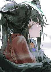 Rule 34 | 1girl, animal ears, arknights, black hair, black jacket, brown eyes, cigarette, closed mouth, expressionless, half-closed eyes, highres, jacket, long hair, looking at viewer, mi1i 11, mouth hold, off shoulder, official alternate costume, one-hour drawing challenge, red shirt, shirt, simple background, sketch, smoke, smoking, solo, texas (arknights), texas (willpower) (arknights), upper body, white background, wolf ears, wolf girl
