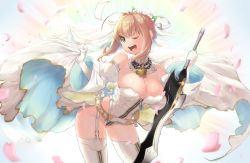 Rule 34 | 10s, 1girl, ;d, aestus estus, blonde hair, blush, bodysuit, breasts, bridal veil, chain, cleavage, detached sleeves, fate/extra, fate/extra ccc, fate/grand order, fate (series), full-length zipper, gloves, green eyes, hair intakes, large breasts, leotard, lock, looking at viewer, magister, nero claudius (bride) (fate), nero claudius (bride) (second ascension) (fate), nero claudius (fate), nero claudius (fate) (all), one eye closed, open mouth, padlock, smile, solo, strapless, strapless leotard, thighhighs, veil, white bodysuit, white gloves, white leotard, zipper, zipper pull tab