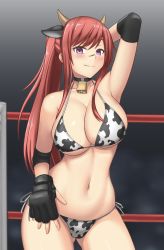 Rule 34 | 1girl, animal ears, animal print, bell, bikini, black choker, black gloves, blush, breasts, choker, cleavage, collar, collarbone, cow ears, cow girl, cow horns, cow print, cow print bikini, cowbell, cowboy shot, elbow pads, eyelashes, female focus, fingerless gloves, gloves, highres, himeru, horns, large breasts, long hair, looking at viewer, mixed martial arts, navel, neck bell, original, ponytail, print bikini, purple eyes, red hair, scar, shiny clothes, shiny skin, side-tie bikini bottom, smile, solo, solo focus, standing, swimsuit, wrestling ring