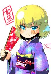 Rule 34 | 10s, 1girl, :t, angry, artist name, blue kimono, closed mouth, facepaint, floral print, girls und panzer, hanetsuki, highres, holding, japanese clothes, katyusha (girls und panzer), kimono, looking at viewer, new year, short hair, signature, simple background, solo, standing, sw (taco), tearing up, translated, upper body, v-shaped eyebrows, white background