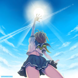 Rule 34 | 1girl, back, brown hair, day, light, miogrobin, outstretched arm, perspective, reaching, school uniform, serafuku, sky, solo, sun