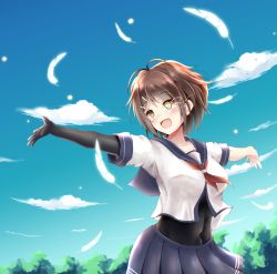 Rule 34 | 1girl, bodysuit, brown hair, cloud, feathers, furutaka (kancolle), glowing, glowing eye, hair ornament, hairclip, heterochromia, kantai collection, looking to the side, neruhi, open mouth, sailor collar, short hair, skirt, sky, smile, solo, tree
