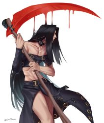 Rule 34 | 1other, asymmetrical sleeves, belt, belt buckle, black hair, blood, buckle, choker, grin, guilty gear, guilty gear xx, highres, holding, holding weapon, long hair, looking to the side, midriff, otonaru, scythe, skirt, smile, straight hair, studded choker, testament (guilty gear), uneven sleeves, very long hair, weapon