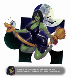 Rule 34 | 1girl, alternate form, bad end, banjo-kazooie, barefoot, bat (animal), black dress, black hair, breasts, broom, broom riding, colored skin, commentary, covered erect nipples, curvy, dialogue box, dress, english commentary, english text, eyeshadow, flying, full body, full moon, green skin, gruntilda&#039;s broomstick, gruntilda winkybunion, highres, large breasts, lipstick, looking at viewer, makeup, moon, narrow waist, paid reward available, plantar flexion, plunging neckline, profanity, purple eyeshadow, puzzle piece, red eyes, red lips, revision, paid reward available, short dress, short hair, soles, solo, star (symbol), starry background, toes, vero, witch