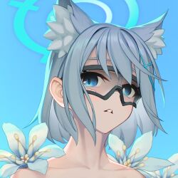 Rule 34 | 1girl, animal ear fluff, animal ears, bare shoulders, blue archive, blue eyes, cross hair ornament, extra ears, flower, goggles, grey hair, hair ornament, halo, highres, looking at viewer, medium hair, mismatched pupils, parted lips, portrait, rotix, shiroko (blue archive), simple background, solo, upper body, white flower, wolf ears