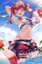 Rule 34 | 1girl, absurdres, armpits, belt, bikini, bikini skirt, blush, breasts, closed eyes, commentary request, day, fang, hair ribbon, highleg, highleg bikini, highres, hololive, hololive summer 2023 swimsuit, houshou marine, large breasts, long hair, matsumoto yuu, navel, open mouth, outdoors, red hair, red ribbon, ribbon, smile, solo, swimsuit, thigh strap, twintails, two-tone bikini, virtual youtuber, water, white belt
