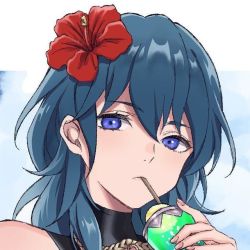 Rule 34 | 1girl, blue eyes, blue hair, byleth (female) (fire emblem), byleth (fire emblem), cuboon, drinking, fire emblem, fire emblem: three houses, flower, hair flower, hair ornament, looking at viewer, nintendo, solo, tagme
