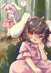 Rule 34 | 2girls, :3, ?, animal ears, black hair, blush, dress, highres, inaba tewi, jewelry, long hair, looking back, mame komari, multiple girls, necklace, one-hour drawing challenge, pendant, pitfall, puffy short sleeves, puffy sleeves, rabbit ears, red eyes, reisen udongein inaba, short hair, short sleeves, skirt, tail, tongue, tongue out, touhou, uneven eyes