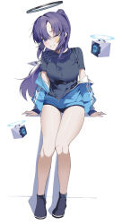 Rule 34 | 1girl, absurdres, black shirt, blue archive, blue buruma, buruma, drone, grin, halo, highres, id card, lanyard, official alternate costume, one eye closed, partially unzipped, ponytail, purple eyes, purple hair, shirt, shoes, sitting, smile, solo, star (symbol), sticker on face, thighs, white background, yamashi e, yuuka (blue archive), yuuka (track) (blue archive)