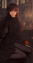 Rule 34 | 1girl, absurdres, black dress, black pantyhose, blush, braid, brown hair, cabinet, candelabra, candle, candlestand, copyright request, dress, fang, french braid, highres, long hair, long sleeves, looking at viewer, open mouth, oyabuli, pantyhose, red eyes, sitting, skin fang, solo, wariza