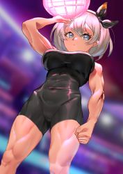 Rule 34 | 1girl, bea (pokemon), black bodysuit, black hairband, blue eyes, blurry, blurry background, bodysuit, breasts, clenched hand, commentary request, covered navel, creatures (company), dark-skinned female, dark skin, dynamax ball, eyelashes, game freak, grey hair, gym leader, hair between eyes, hairband, hand up, highres, looking to the side, muscular, muscular female, nintendo, pokemon, pokemon swsh, short hair, solo, urrrt