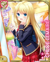 Rule 34 | 1girl, :d, bikini, blazer, blonde hair, blouse, blue eyes, blue jacket, bow, bowtie, card, character name, chloe lemaire, clothes shop, day, girlfriend (kari), hand on own face, indoors, jacket, long hair, looking at viewer, official art, open mouth, plaid, plaid skirt, qp:flapper, red bow, red neckwear, red skirt, school uniform, shirt, shopping, skirt, smile, solo, swimsuit, tagme, unworn bikini, unworn swimsuit, white shirt, wooden floor