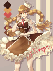 Rule 34 | 1girl, bracelet, braid, breasts, brown dress, brown hair, coffee, crown, cube earrings, cup, dress, dripping, earrings, grey background, highres, jewelry, medium breasts, original, personification, red eyes, see-through, short sleeves, spoon hair ornament, standing, sugar cube hair ornament, twintails, yuzor a rancia