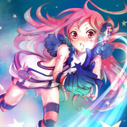 Rule 34 | 1girl, ahoge, android, belt, dress, female focus, gloves, gradient background, headphones, joints, keepout, kneehighs, long hair, pink hair, red eyes, robot joints, sf-a2 miki, socks, solo, soramu, star (symbol), striped clothes, striped gloves, striped socks, striped thighhighs, thighhighs, vocaloid, wrist cuffs