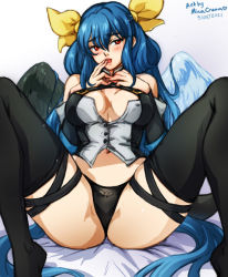 Rule 34 | 1girl, artist name, asymmetrical wings, black panties, black thighhighs, blue hair, blush, breasts, dated, dizzy (guilty gear), feet out of frame, finger to mouth, guilty gear, guilty gear xrd, hair between eyes, hair rings, hand on own chest, large breasts, long hair, looking to the side, midriff, mina cream, navel, panties, red eyes, ribbon, skindentation, spread legs, stomach, tail, thick thighs, thigh strap, thighhighs, thighs, twintails, underwear, wings, yellow ribbon