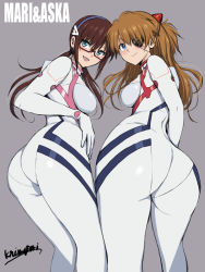 Rule 34 | 2girls, aqua eyes, ass, ass focus, blue eyes, blush, bodysuit, breasts, brown hair, character name, evangelion: 3.0+1.0 thrice upon a time, eyepatch, from behind, grey background, hairpods, huge ass, interface headset, long hair, looking at viewer, looking back, low twintails, makinami mari illustrious, medium breasts, multiple girls, neon genesis evangelion, niwatori kokezou, orange hair, pilot suit, plugsuit, rebuild of evangelion, red-framed eyewear, shiny clothes, shiny skin, simple background, smile, souryuu asuka langley, twintails, white bodysuit, wide hips