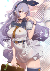 Rule 34 | 1girl, :o, bell, belt, blue thighhighs, blush, breasts, briefcase, choker, clothes lift, dress, earbuds, earphones, hair ribbon, hairband, hand to own mouth, large breasts, neck bell, open mouth, original, parted lips, purple hair, red eyes, ribbon, sailor dress, school uniform, shiny clothes, skindentation, skirt, skirt lift, solo, tajima ryuushi, thick thighs, thighhighs, thighs, wind, wind lift